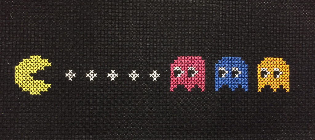 Pacman and ghosts cross-stitched