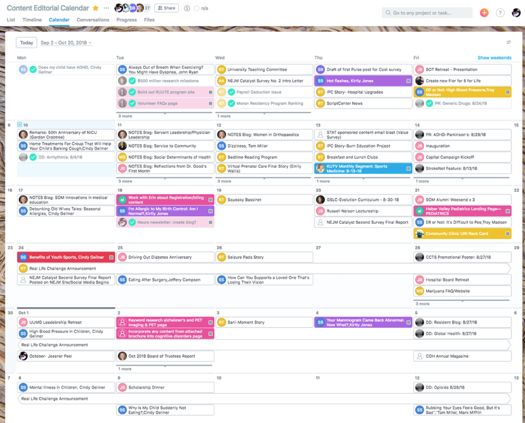 Calendar view in Asana