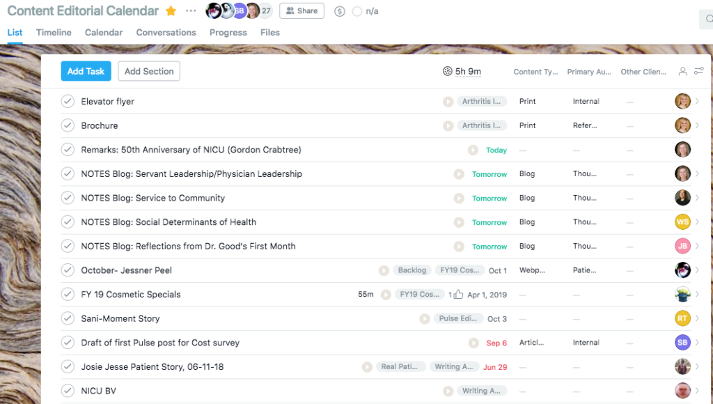 List of content assets in Asana