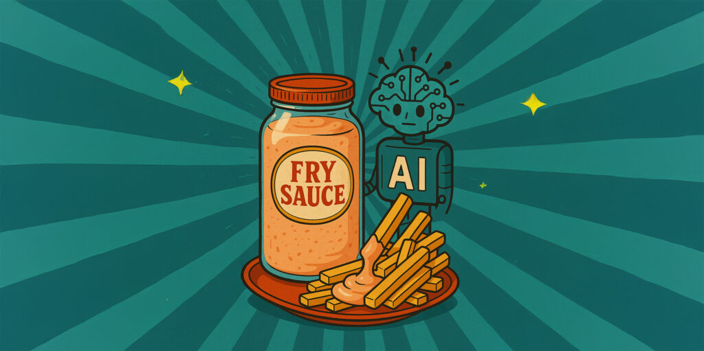 Illustration of a fry sauce bottle and french fries against a dark and lite teal background: Zhuzh, Special Sauce, & AI